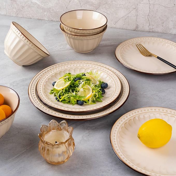 Dinnerware Set Cream White 12 Pieces Service for 4, Stoneware Plates and Bowls Set Stoneware Set, Dishwasher Microwave Safe Dishes set