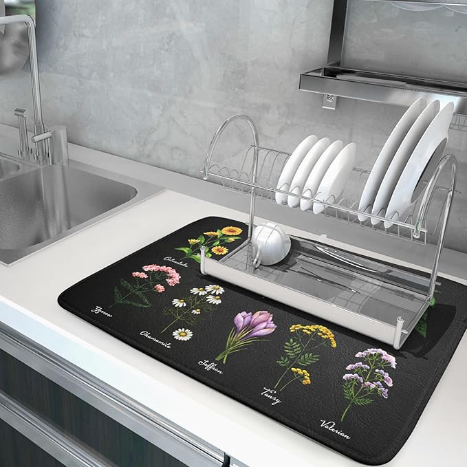 Black Flower Herbs Dish Drying Mat 18x24 Inch Botanical Floral Microfiber Drying Mats with Hanging Loop Foldable Absorbent Dish Drainer Rack Pad