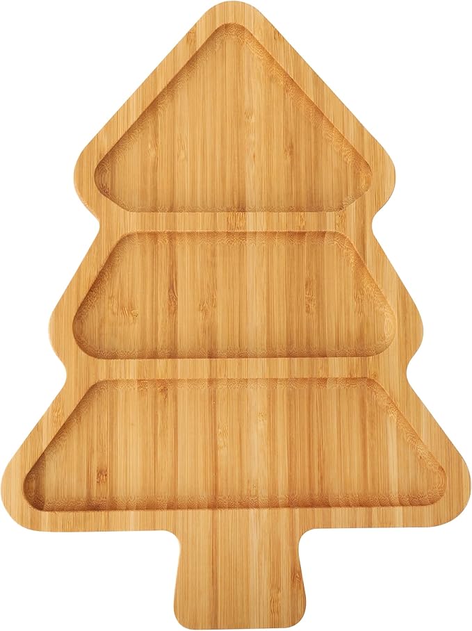 TJ POP Bamboo Christmas Tree Serving Tray, Divided Charcuterie Board with 3 Compartments, Table Decorations for Christmas Party