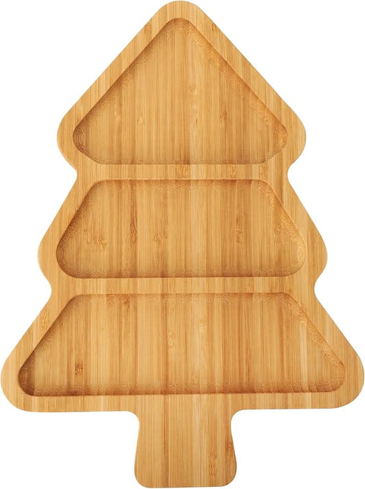 TJ POP Bamboo Christmas Tree Serving Tray, Divided Charcuterie Board with 3 Compartments, Table Decorations for Christmas Party