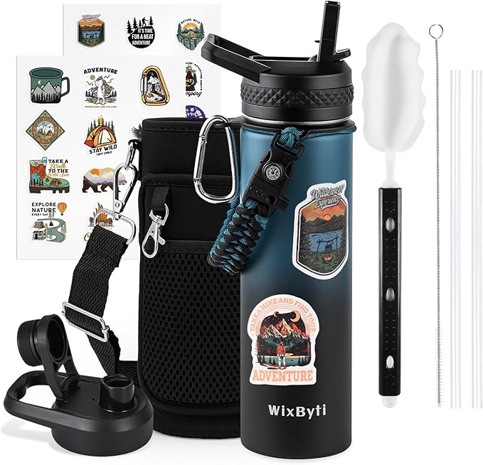 20 oz Insulated Water Bottle with Straw (Cold for 48 Hrs), Stainless Steel Triple Wall Vacuum Sports Water Jug, Leakproof Hydro Cup Flask with Paracord Handle & Straw Spout Lids & DIY Stickers