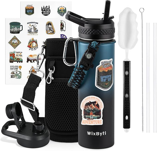 20 oz Insulated Water Bottle with Straw (Cold for 48 Hrs), Stainless Steel Triple Wall Vacuum Sports Water Jug, Leakproof Hydro Cup Flask with Paracord Handle & Straw Spout Lids & DIY Stickers