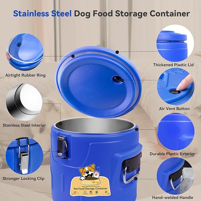 20lb Dog Food Storage Container, Stainless Steel Airtight Pet Food Storage Container and Durable Plastic Food Container, Large Metal Cat Food Container with Lid and Scoop to Keep Fresh