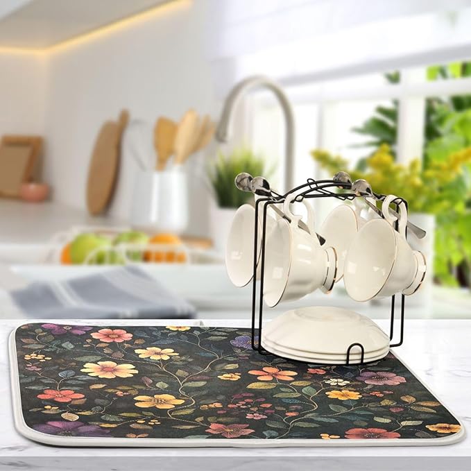 Retro Flower Vines Dish Drying Mat for Kitchen Counter Super Absorbent Dishes Pad Reversible Microfiber Protector Dish Draining Mats 16x18 inch