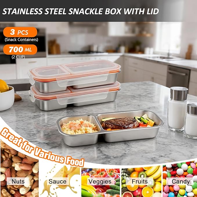 3 Pack Stainless Steel Snack Containers with Lids, Leakproof Lunch Box Containers, Reusable 2 Compartment Snackle Box, Grab and Go lunchable container for Travel