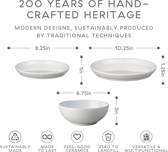 Denby - Elements Stone White Dinner Set For 4-12 Piece Simple Ceramic Stoneware Tableware Set - Dishwasher Microwave Oven Safe - Scratch Chip Resistant