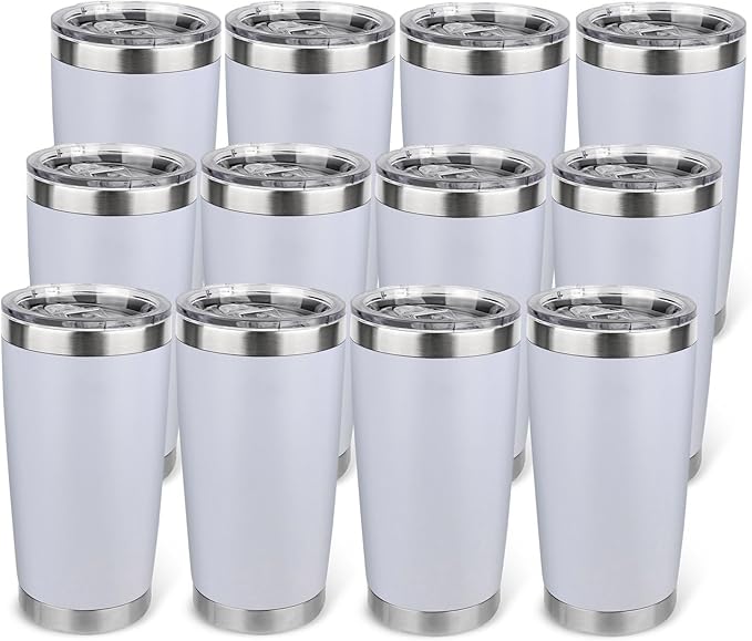 20oz Stainless Steel Tumbler Bulk with Lid, Travel Mug - Double Wall Vacuum Powder Coated Cup - White, 12 Pack