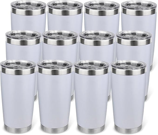 20oz Stainless Steel Tumbler Bulk with Lid, Travel Mug - Double Wall Vacuum Powder Coated Cup - White, 12 Pack