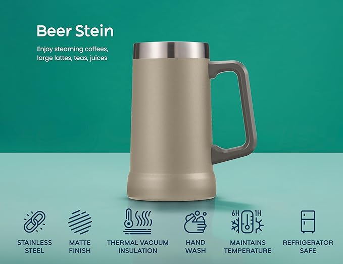 KooK Beer Stein, Stainless Steel Coffee Mug, Tumbler with Thermal Vacuum Insulation, Double Walled Drinking Cup, Large Handle, Shatterproof, Taupe, 23.7 oz