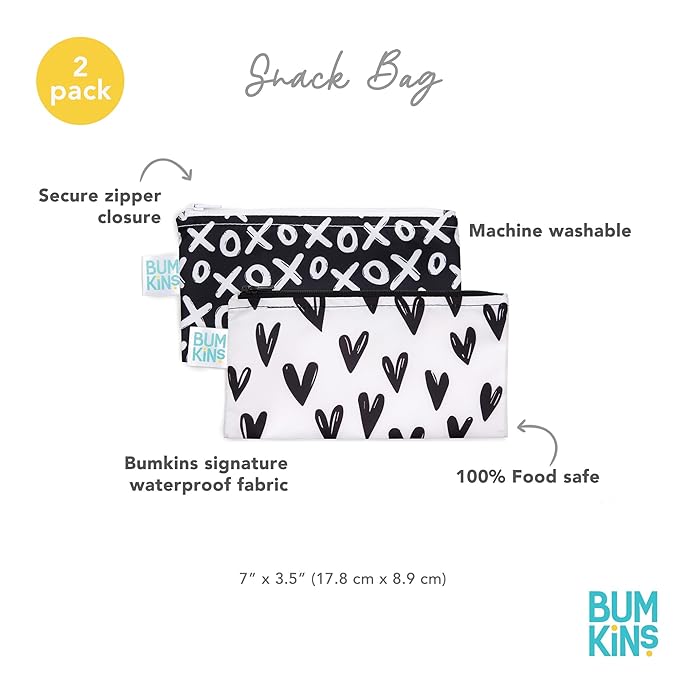 Bumkins Reusable Snack Bags, for Kids School Lunch and for Adults Portion, Washable Fabric, Waterproof Cloth Zip Bag, Supplies Travel Pouch, Food-Safe, 2-pk Hearts and XOXO
