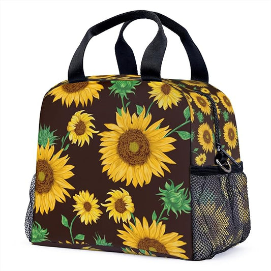 Yellow sunflower Lunch Bag for Women Men Cute Large Capacity Thermal Lunch Tote Reusable Washable with Adjustable Shoulder Strap and Dual Large Mesh Side Pockets