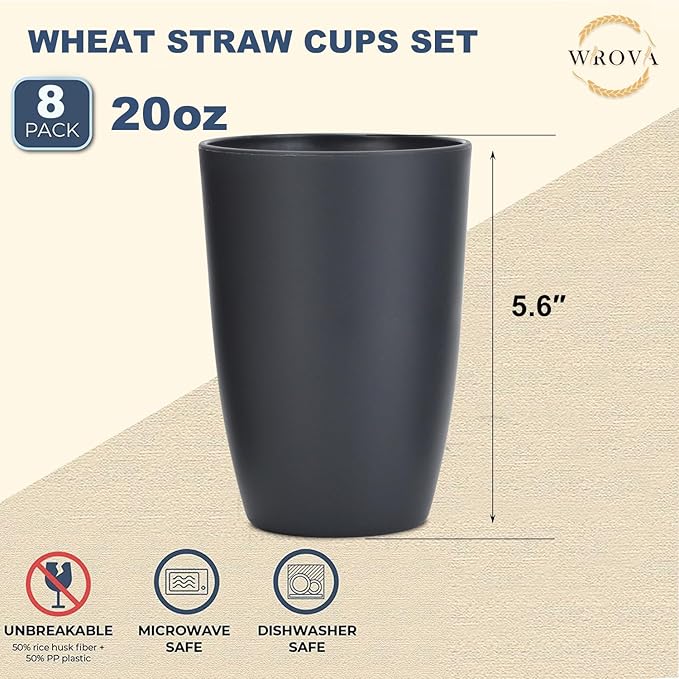 Wheat Straw Cups 8 PCS Good Alternative to Plastic Reusable Cups 20 oz Unbreakable Drinking Cup Reusable Dishwasher Safe Water Plastic Glasses Deep Gray