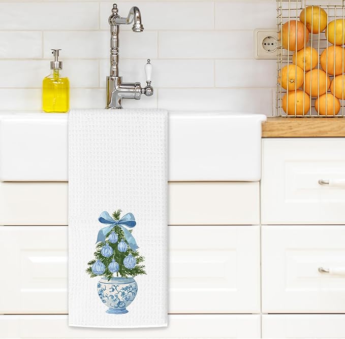 Blue Bow Chinoiserie Christmas Tree Kitchen Towels, Christmas Dish Tea Towels, Blue and White Grandmillennial Xmas Tree Hand Towel for Kitchen Bathroom Decor, 16x24 Inches