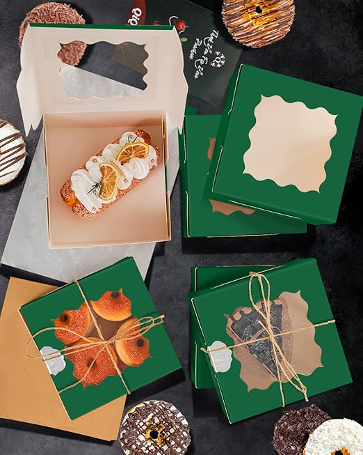 qiqee Deep Green Cookie Boxes with Window 36packs 6x6x3 Deep Green Bakery Box Pastry Box for Wedding Favor Birthday ＆ Party