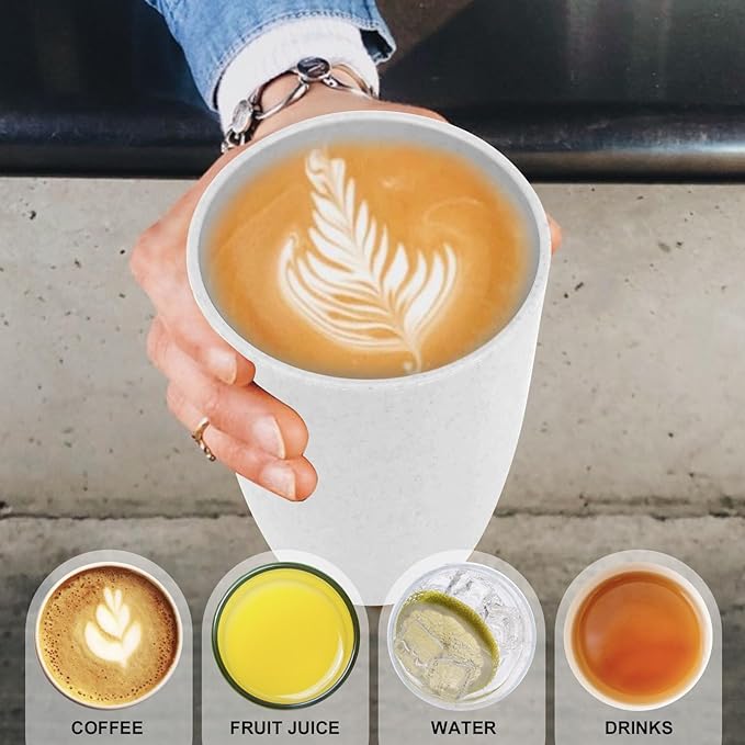 Wheat Straw Cups Set of 6 Good Alternative to Plastic Cups Reusable 12 oz Unbreakable Drinking Cup Reusable Dishwasher Safe Water Plastic Kitchen Glasses - White