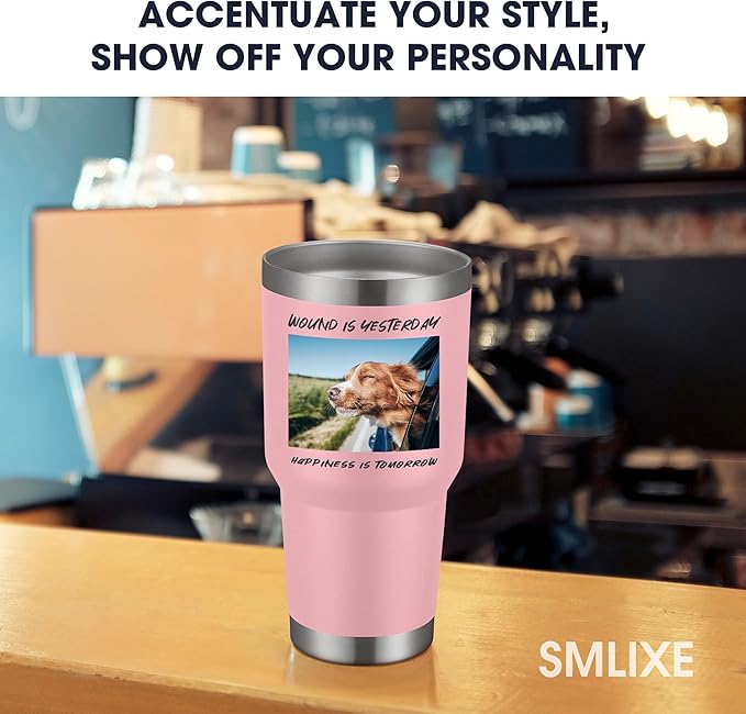Personalized Custom Tumbler Print in USA 30oz Stainless Steel Coffee Cup with Lid & Straw Double Wall Insulated Tumbler with Colorful Text Logo Photo