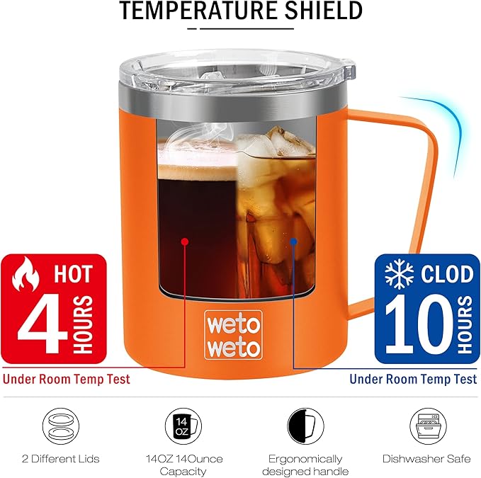 WETOWETO 14 oz Coffee Mug, Vacuum Insulated Camping Mug with Lid, Double Wall Stainless Steel Travel Tumbler Cup, Coffee Mugs Outdoor, Powder Coated Orange