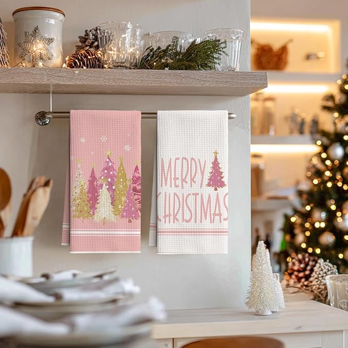 Artoid Mode Pink Star Xmas Tree Merry Christmas Bar Kitchen Towels, 12x24 Inch Quick Dry Microfiber Cloth Dish Towels for Kitchen Drying Set of 2