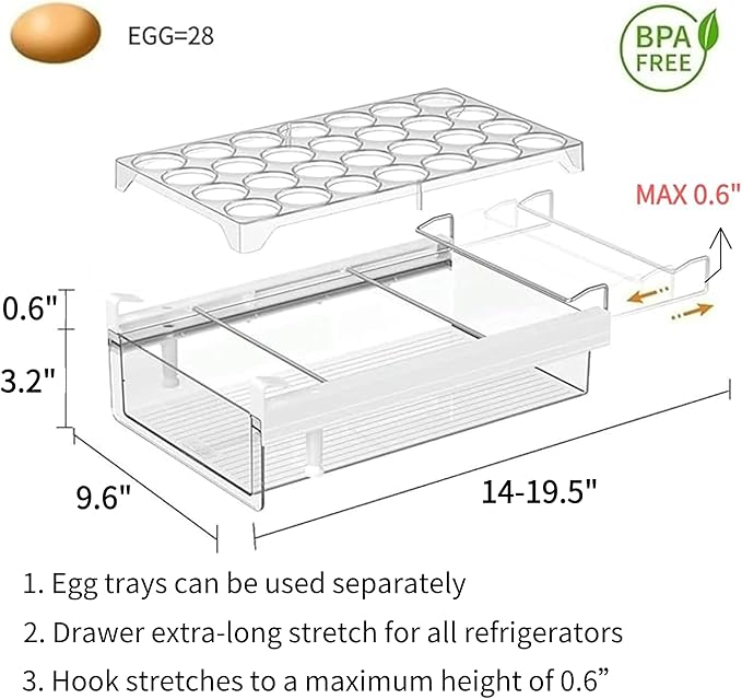 vacane Fridge 28 Egg Drawer Pull Out,Clear Egg Holder Tray for Refrigerator With Handle, Refrigerator Organizer Bins Heavy Duty-L With Egg Tray