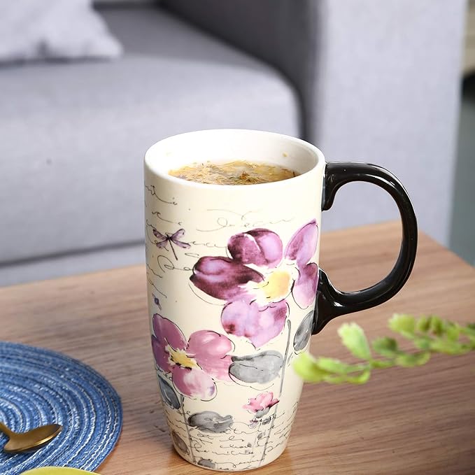 Topadorn Christmas Ceramic Mug Coffee Mugs with Lid and Gift Box for Holiday Party Latte Mug, 17oz. Purple Flower