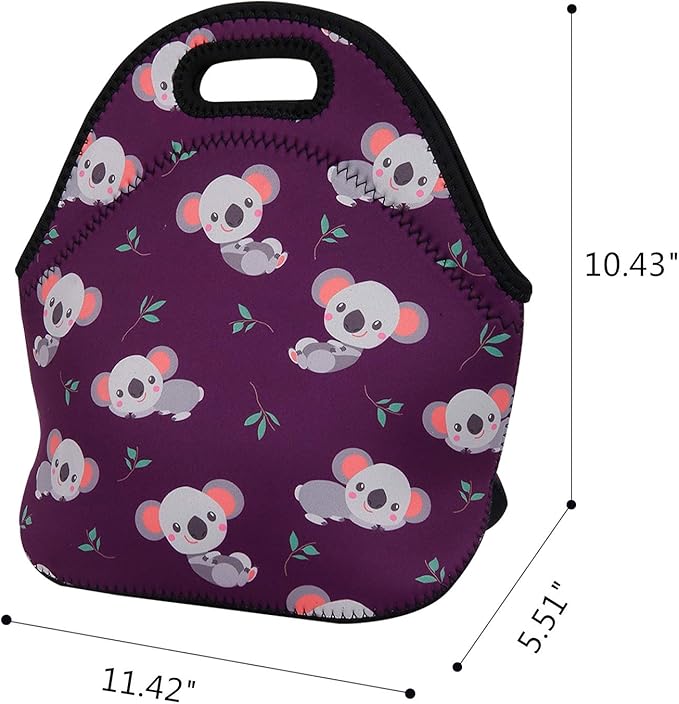 Violet Mist Womens Cute Reusable Neoprene Lunch Bag Insulated Lunch Box Koala Animal Cartoon Thermal lunch bags Bag Waterproof Food Handbags Koala Meal Prep Travel Work Gifts for Women Men Lady Adult