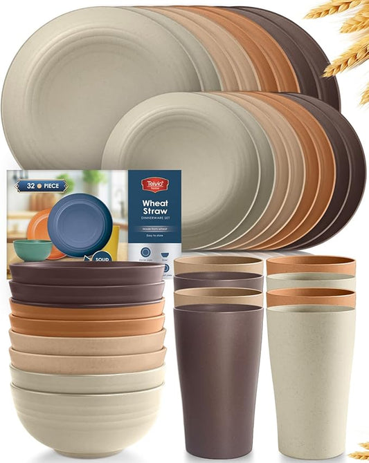 Teivio 32-Piece Kitchen Plastic Wheat Straw Dinnerware Set, Service for 8, Dinner Plates, Dessert Plate, Cereal Bowls, Cups, Unbreakable Colorful Plastic Outdoor Camping Dishes, Desert