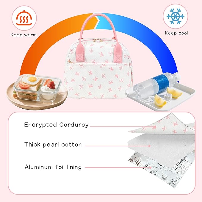CAMTOP Lunch Box for Women Insulated Lunch Bag Lunchbox Cooler Thermal Leakproof Quilted Reusable Lunch Tote Bag for Work School Travel Picnic (Pink Bow)