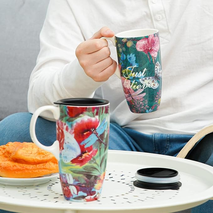 Topadorn Ceramic Coffee Mug Travel Mug with Lid Tea Cup,Set of 2,17oz.Dragonfly