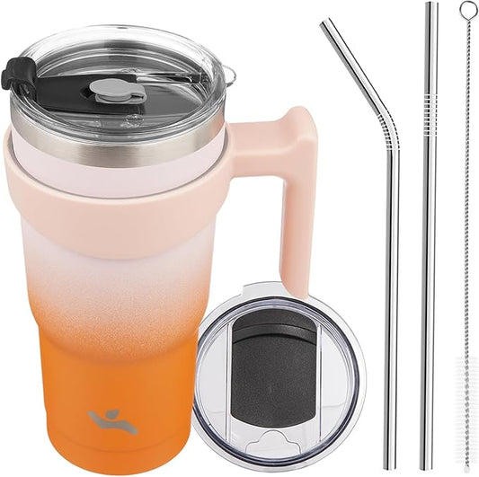 20 oz Tumbler with Handle and 2 Straw 2 Lid, Insulated Water Bottle Stainless Steel Vacuum Cup Reusable Travel Mug,Coral