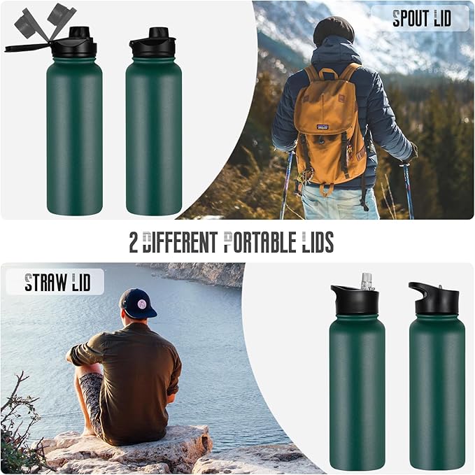 40 oz Insulated Water Bottle with Straw, Stainless Steel Sports Water Bottles with 2 Lids (Straw and Wide Mouth lid), Double Wall Vacuum, Leakproof, BPA-Free, Dark Green