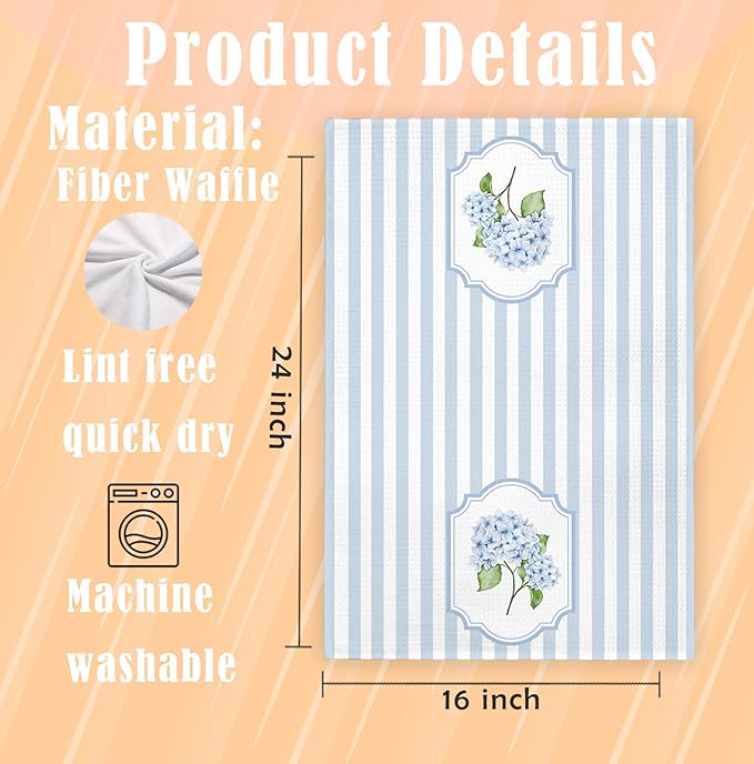 Blue Hydrangea Floral Kitchen Towels Set of 2, Cottagecore Botanical Dish Tea Towel for Kitchen, Blue and White Grand Millenial Stripes Decorative Hand Towels for Bathroom, 16x24 Inch
