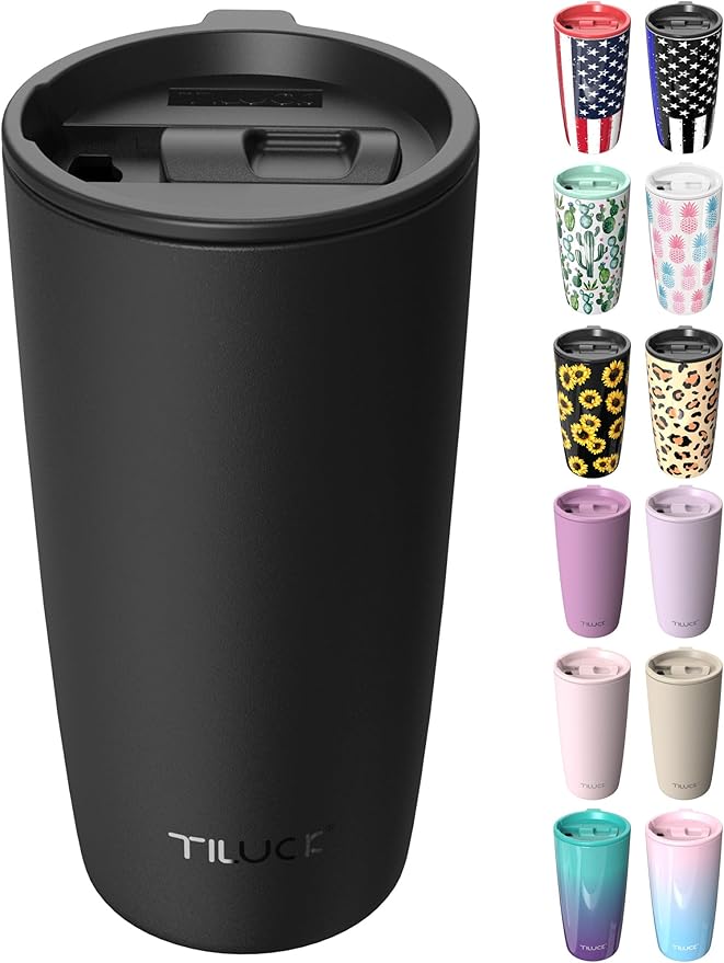 TILUCK 20 oz Tumbler with Leak-Proof Lid, Vacuum Insulated Stainless Steel Coffee Mug, Double-Walled Travel Tumbler for Hot and Cold Drinks(MidnightBlack, 20oz)