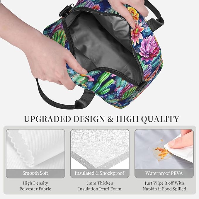 Cactus Reusable Insulated Lunch Box Waterproof Lunch Bag with Detachable and Adjustable Shoulder Strap for Office Picnic or Travel