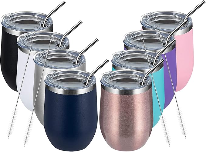 MEWAY 12oz Wine Tumbler Mix Color 8 Pack Bulk Gifts for Women, Vacuum Stainless Steel Travel Mug with Lid,Insulated Stemless Wine Cup Glass for Coffee,Cocktails,Drinks(Mix,Set of 8)