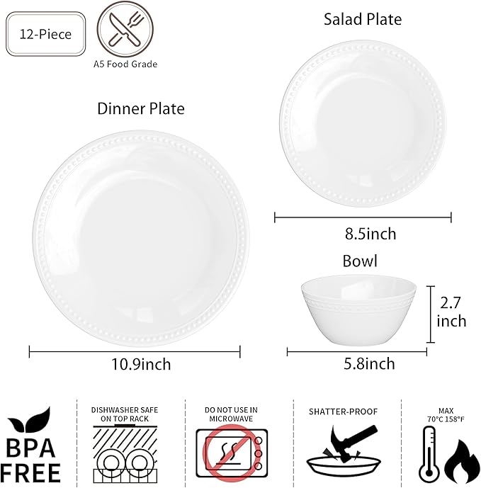 Basic White Melamine Dinnerware Sets,12 Pieces Dishes Set, Lightweight Unbreakable, BPA Free,Kitchen Plates and Bowls set, Indoor Outdoor Dining,Dishwasher Safe, Not Microwave