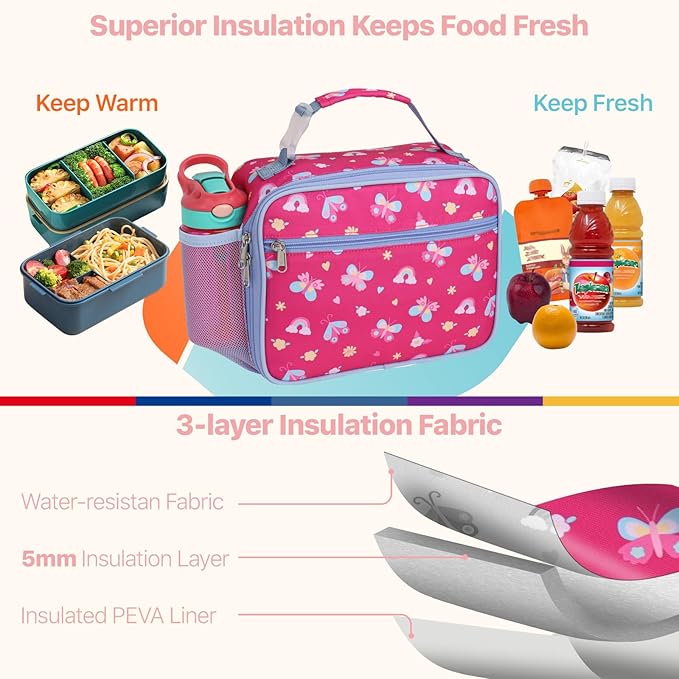 Bagseri Kids Lunch Bag for Girls - Insulated Kids Lunch Box for Daycare and School Reusable Meal Tote Bag with Water Bottle Holder, Easy-Clean Water-Resistant Fabric, Rose Pink Butterfly