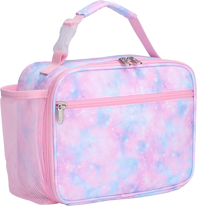 Bagseri Lunch Bag for Girls - Kids Lunch Box for Girls Reusable Leak-Proof and Insulated Kids Lunch Bag Toddler Lunch Box for Daycare and School, Glitter Pink Tie-dye (Water Bottle Not Included)