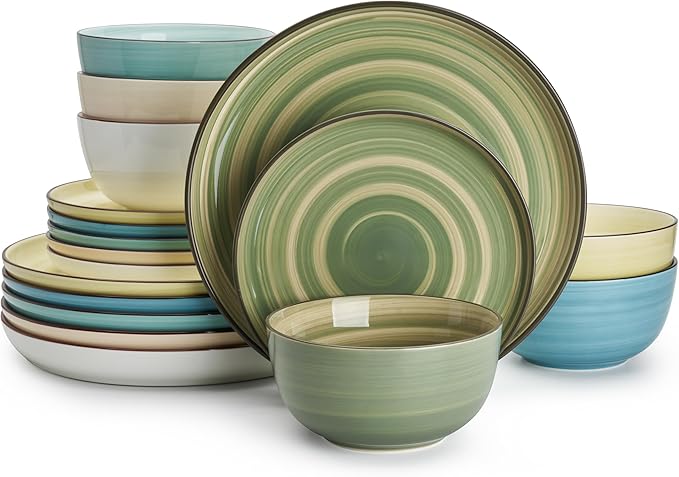 Sweese Plates and Bowls Sets, 18 Piece Dinnerware Set Porcelain Round Dinner Set for 6, Scratch Resistant Dishes Set, Dishwasher and Oven Microwave Safe Handpainted Swirl Dishware Sets, Assorted Green