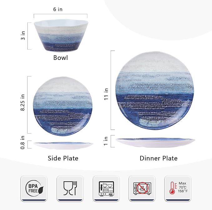 12 Piece Melamine Dishes Set for 4, Unbreakable Plates and Bowls Sets for Camping, Lightweight dinnerware set, Kind to kids, Dishwasher Safe, Ideal for RV, Sky Blue and White Retro