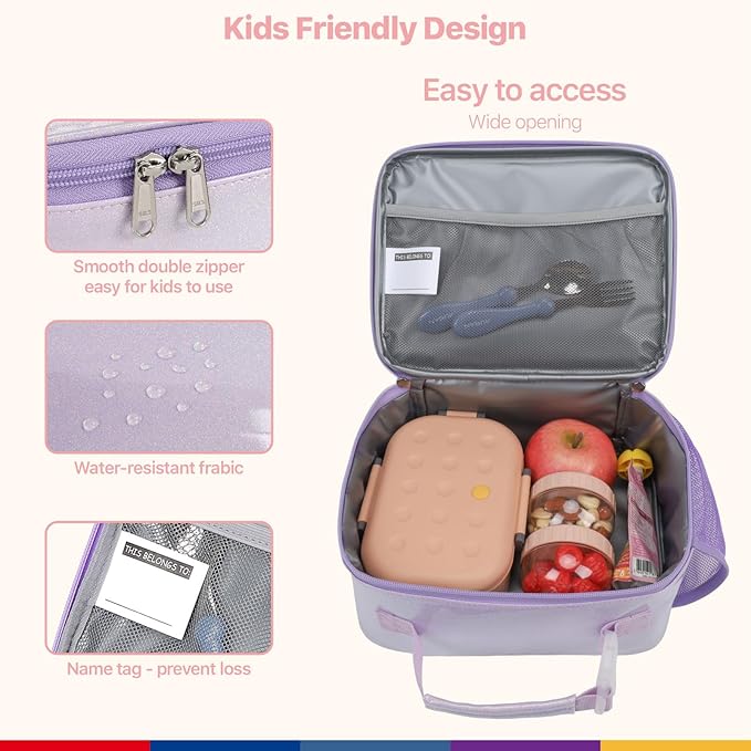 Bagseri Kids Lunch Bag Girls - Kids Lunch Box Insulated Leak-Proof and Reusable Lunch Bag for Girls with Water Bottle Holder Toddler Lunchbox for Daycare and School, Glitter Purple