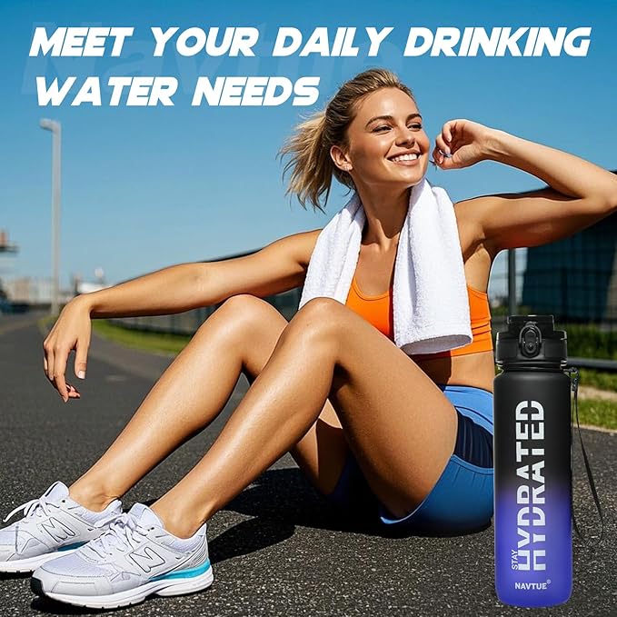 Water Bottle, 32 oz Sports Water Bottles with Time Marker Wide Mouth, Motivational and Leakproof Drink Bottle, BPA Free Tritan with Carry Strap for Gym Fitness Outdoor(Direct Drink 1 Bottle)