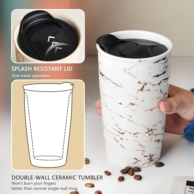 ANTIS'S HOME Ceramic Coffee Mug with Lid, Marble Gold Double Wall Coffee Travel Mug Ceramic Tumbler 12 oz, Reusable Tall Cup, Splash Resistant Lid, Dishwasher Microwaveable Safe
