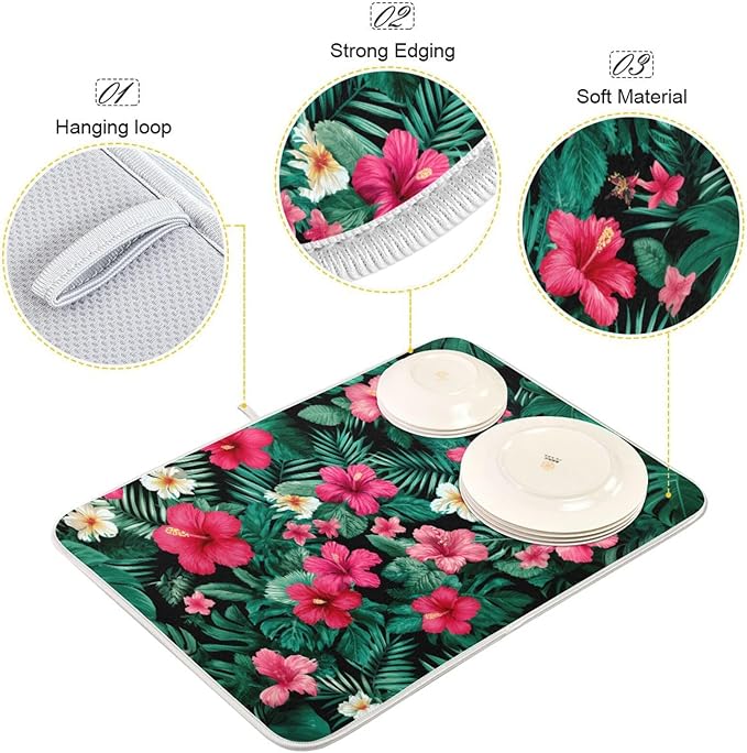 Tropical Flowers Leaves Pattern Dish Drying Mat for Kitchen Counter Super Absorbent Dishes Pad Reversible Microfiber Protector Dish Draining Mats 16x18 inch