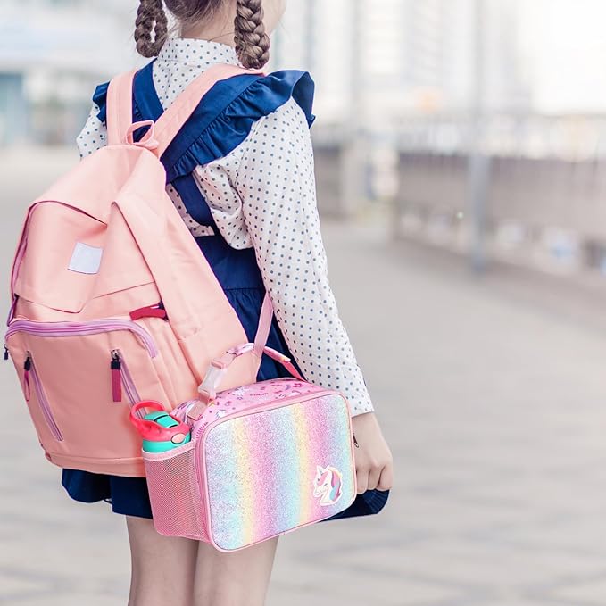 Bagseri Lunch Bag for Girls - Kids Lunch Box for Girls Reusable Leak-Proof and Insulated Kids Lunch Bag With Water Bottle Holder Toddler Lunch Box for Daycare and School, Glitter Pink Unicorn