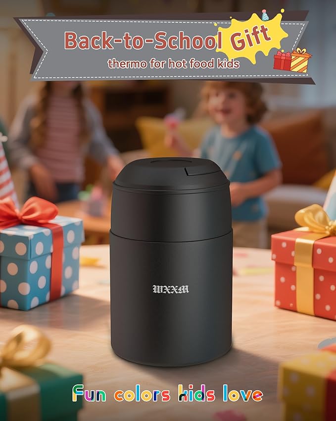 10oz Soup Thermo for Hot Food Kids Insulated Food Jar with Spoon Wide Mouth Stainless Steel Lunch Container Leak Proof Vacuum Food Box for School Travel Picnic Black