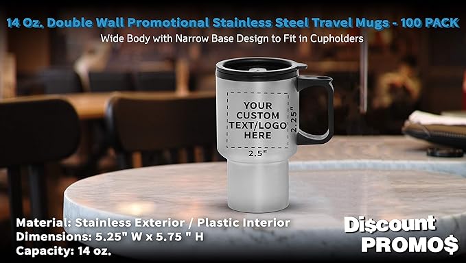 Personalized 14oz Travel Mugs Stainless Steel - 100 Pack - Custom Text, Logo - Stainless Steel