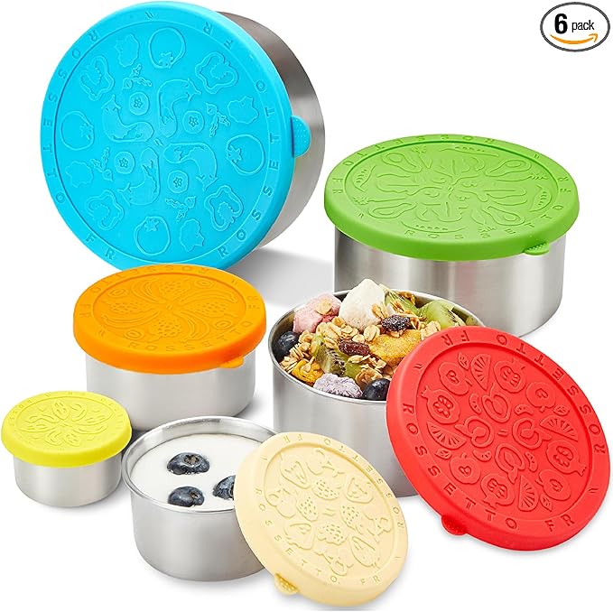 Stainless Steel Food Container with Lids, 6pcs stackable Metal Lunch Box Container for Kids, Daycare, School, Travel | leakproof Sauce Salad Dressing Container to go, From 1.7oz to 33.8oz