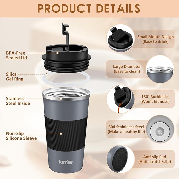 KETIEE Travel Coffee Mug Spill Proof 12oz, Insulated Reusable Coffee Cups with Seal Lid, Vacuum Stainless Steel Travel Mug to Go Car Tumbler for Hot/Ice Drinks (Grey)