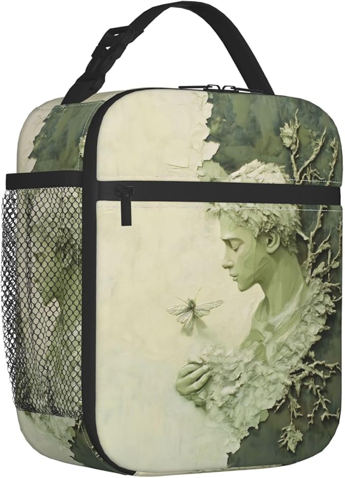 Artistic Men Sage Green Background Insulated Lunch Box for Women and Nature Lovers Oil Painting Style Branch and Leaf Lunch Bag for Travel,or Fishing Polyester Lunch Box