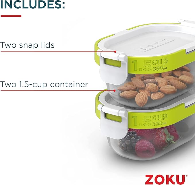 ZOKU Food Storage Containers with Lids, Set of 2 Reusable Airtight 1.5-Cup Snack Containers, BPA Free (Neat Stack) (4 Piece)